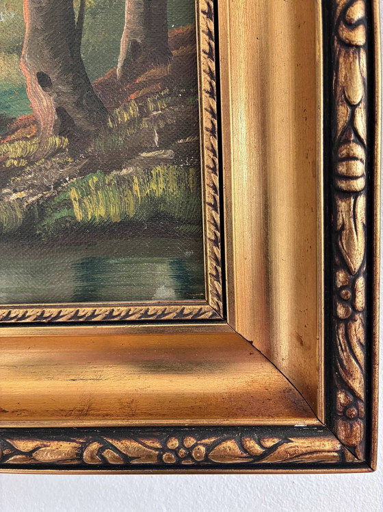 Image 1 of Peinture à l'huile originale vintage représentant un paysage de rivière, signée River Art