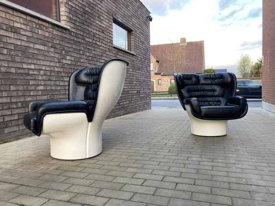 Image 1 of 2x Joe Colombo Elda Stuhl, schwarzes Leder, weißes Fiberglas