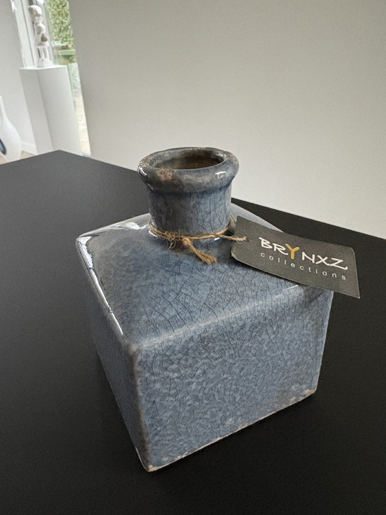 Image 1 of Decorative block vase in rough, blue crackle glaze, brand Brynxz