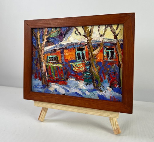 Original Oil Painting Frosty House Landscape The quiet beauty of a winter morning