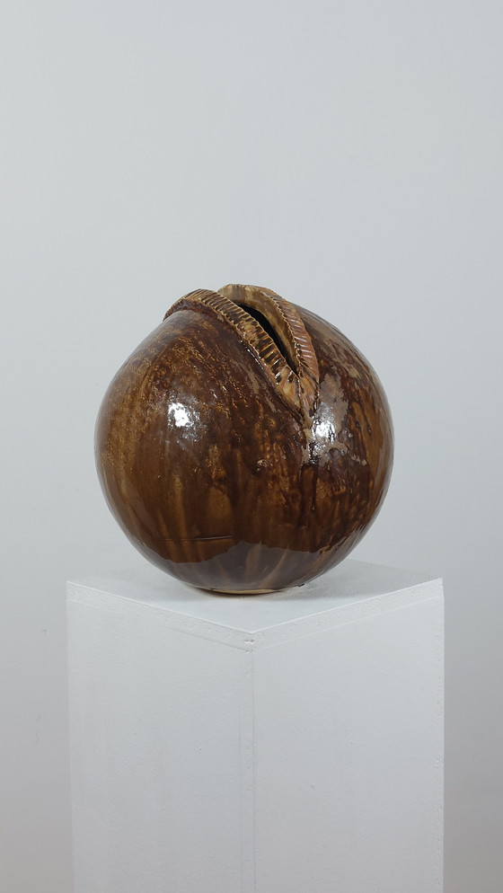 Image 1 of Vintage French brutalist ceramic spherical vase, unique piece