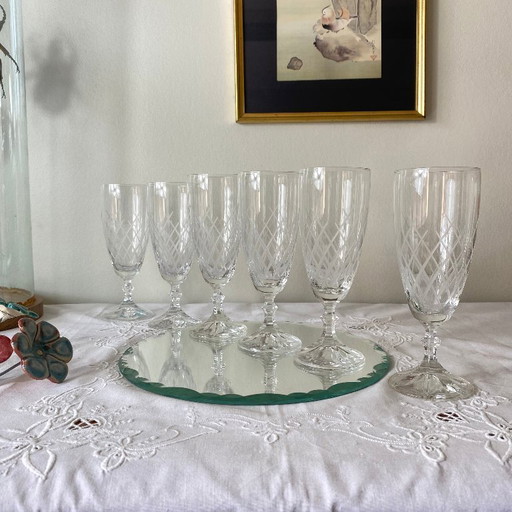 6 Antique Engraved Champagne Flutes