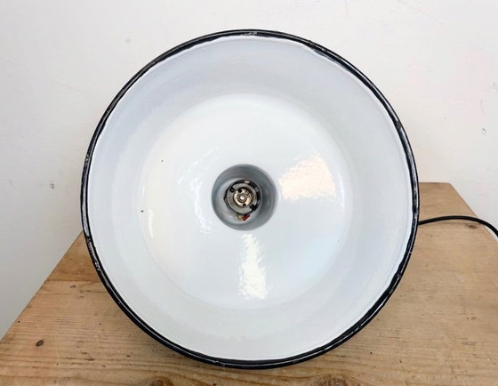 Image 1 of Industrial Petrol Enamel Factory Lamp with Cast Iron Top, 1960s