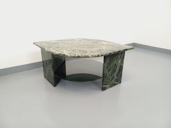 Image 1 of Vintage Square Coffee Table with 2 Tops in Green Marble and Smoked Glass from the 70s