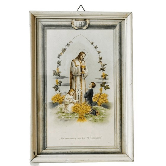 Image 1 of Vintage Religious framed print Holy Communion 1950s
