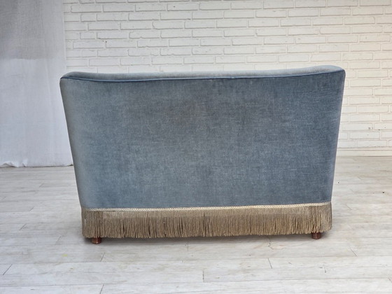 1970s, Danish 2-seater sofa, furniture velour, beech wood., 2 seaters, Velvet, Blue (photo 10 of 21)