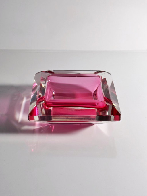 Vintage Murano crystal glass ashtray, prism, cranberry red, Italy