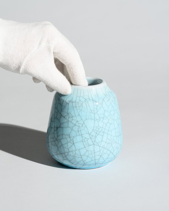 Image 1 of German Art Deco Crackle Glaze Ceramic Vase Duo Fürst Adolf Werkstätten Bückeburg