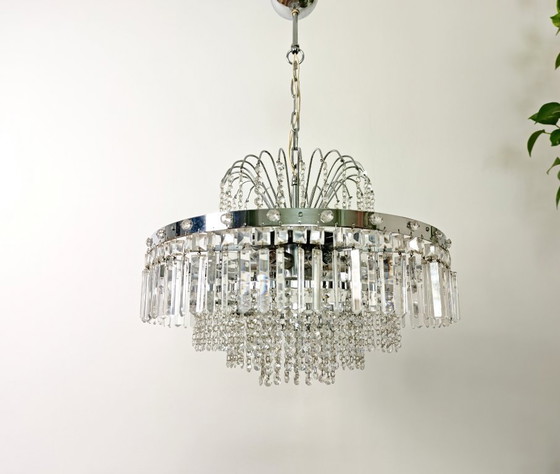 Image 1 of Mid Century Chrome Crystal Chandelier / Retro Tier Waterfall Ceiling Light / 1970s Hollywood Regency Pendant Lamp / Vintage Hang