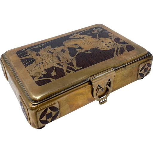 Vintage Spielkartenbox aus Messing und exotischem Holz