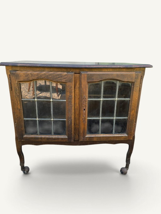 Small Art Nouveau Glass-Fronted Buffet in Oak and Leaded Glass – kasten, Wood