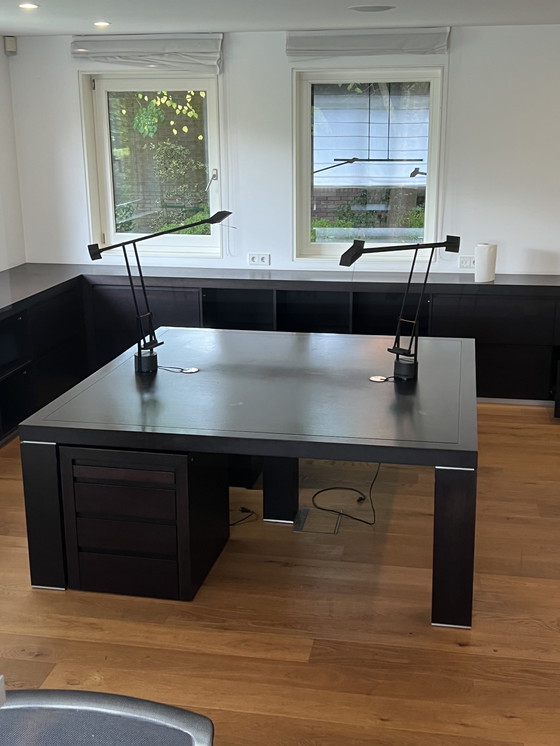 Image 1 of Double wooden desk with leather inlay and drawer units
