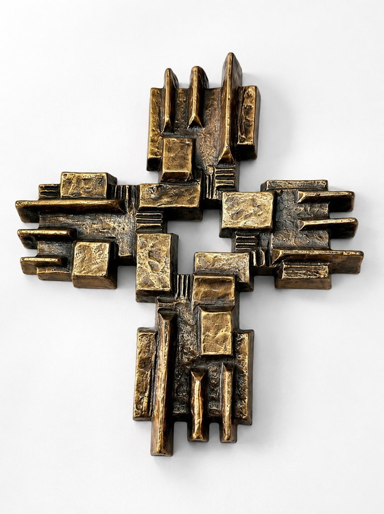 Image 1 of Brutalist Cubist Bronze Wall Cross | Geometric Modernist Sculpture | 1970s