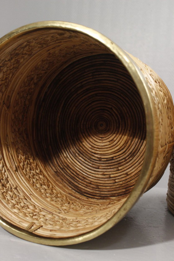 Image 1 of Coppia di grandi fioriere vintage in rattan e ottone disegnate da Gabriella Crespi negli anni '60