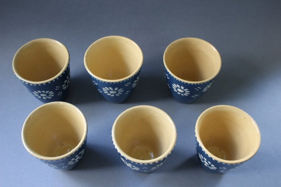 Image 1 of Vintage stoneware drinking cups, blue with white flowers, 6 pieces