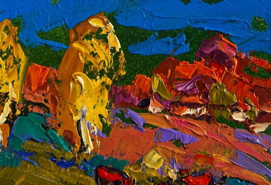 Image 1 of Original Oil Painting Evening Field Landscape Cattle grazing in autumn meadows