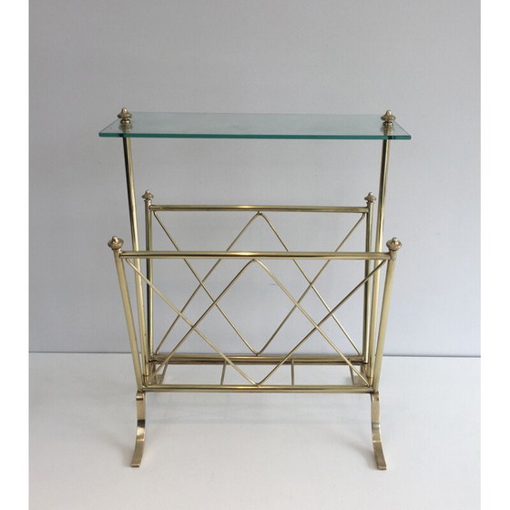 Image 1 of Vintage brass magazine rack and Neoclassical glass shelf, 1940