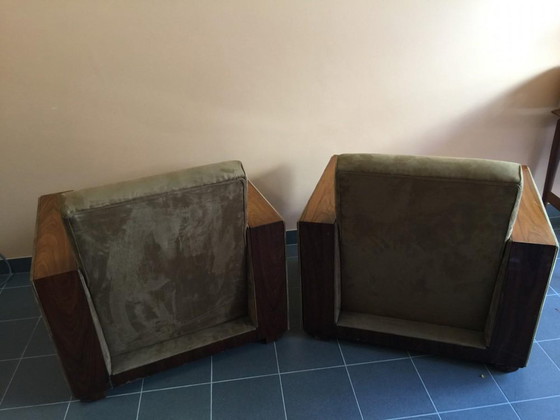 Ensemble de Fauteuils Club Art Déco en Alcantara & Noyer, 1930 – Wood, Art Deco (photo 5 of 16)