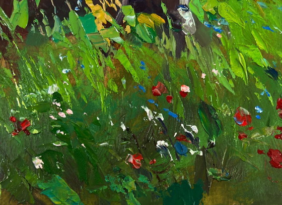 Image 1 of Original Oil Painting Summer Nature Landscape Cows In A Flower Field