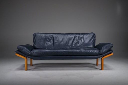 Divano a 3 posti in teak danese e pelle blu navy di Komfort, anni '70