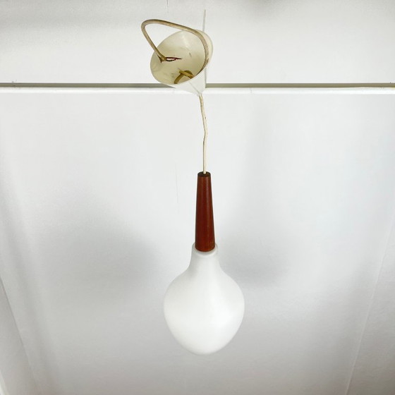 Image 1 of Scandinavian opaline and teak pendant light, midcentury modern