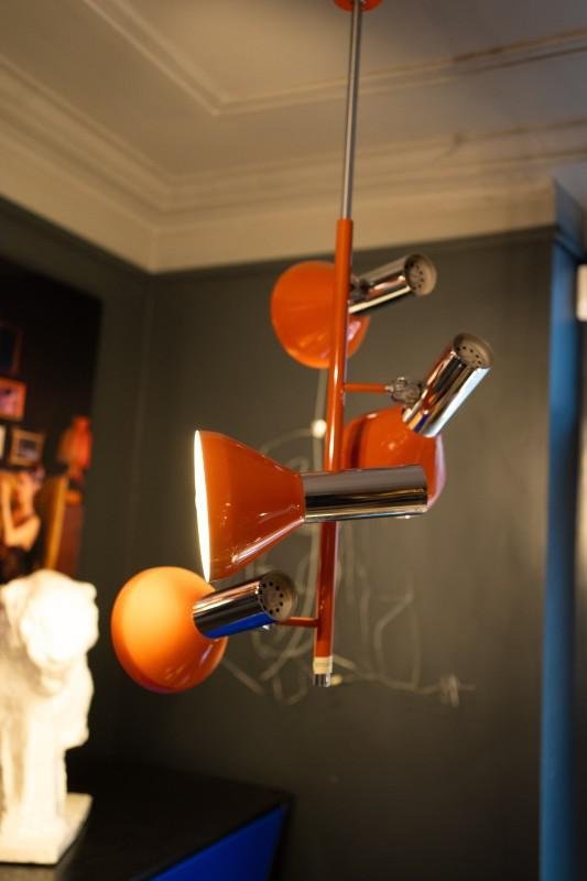 Vintage Space Age Verstelbare Hanglamp met 4 Spots in Verchroomd Staal & Oranje Lak, jaren 70 – Hanglampen (photo 7 of 12)