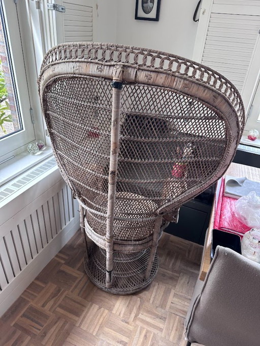 Sillón vintage de ratán con diseño de pavo real.