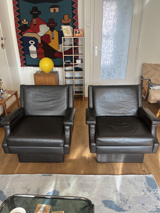 Image 1 of Mid-century-modern brown leather lounge chairs (pair) 