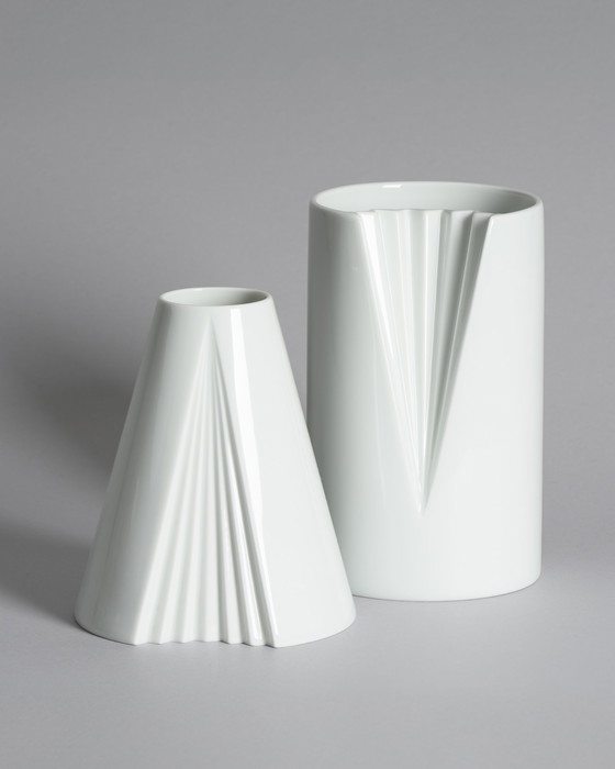 Image 1 of Chic Vintage Rosenthal Plissée Vase Duo Ambrogio Pozzi Minimalist Porcelain Art