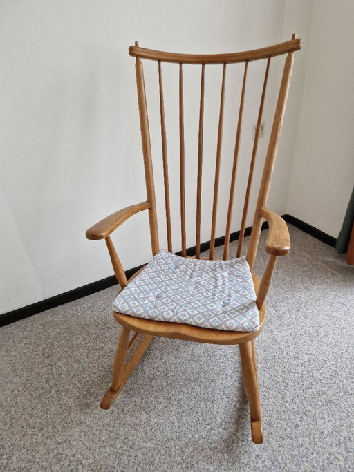 Unieke Mid-Century Spijlen Schommelstoel – Massief Eiken (Maatwerk 1958!)