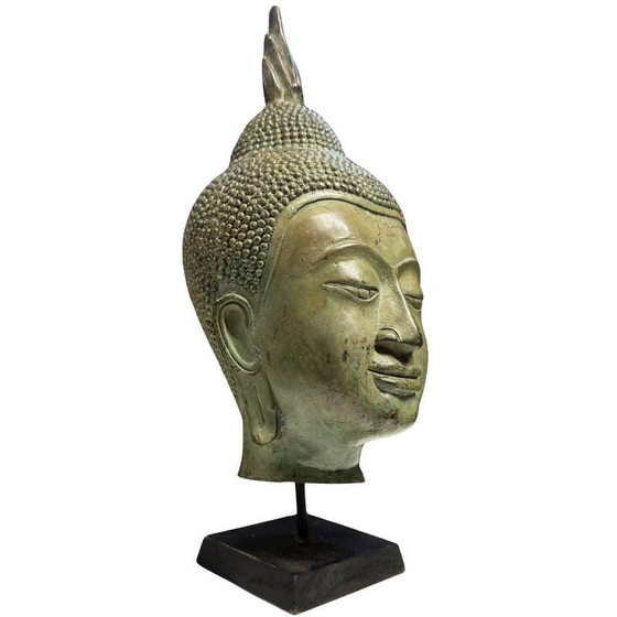 Antiek Thais Bronzen Boeddha Hoofd met Voetstuk 39 cm – Beeldhouwkunst, Wood (photo 2 of 7)