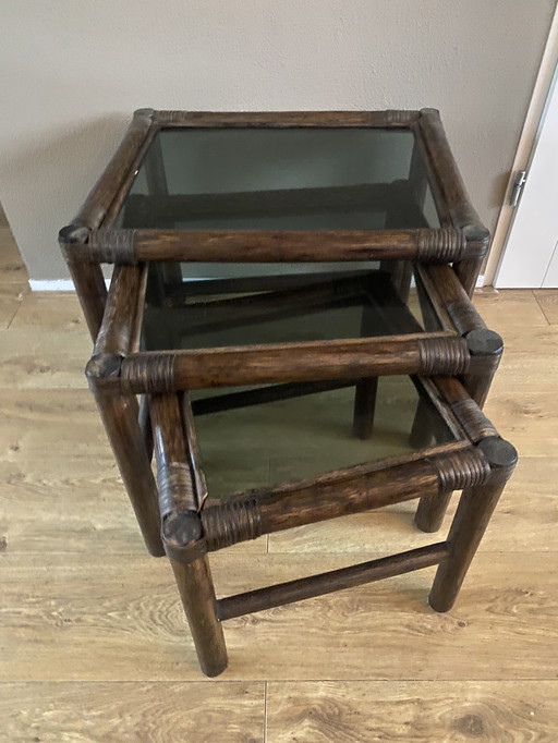 Vintage rattan bamboo nesting tables mimeset smoked glass