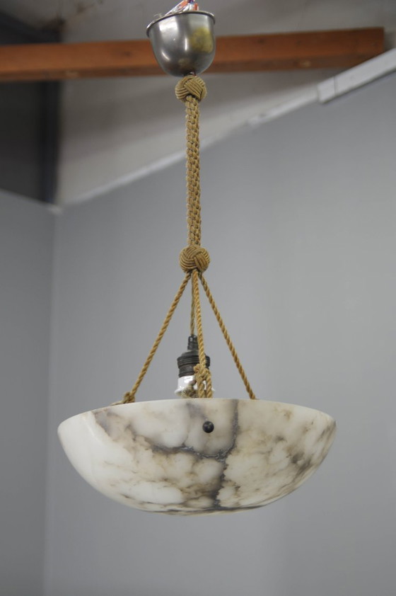 Art Deco Alabaster Pendant Light, Hand-Carved, 1920s, Chandeliers, Stone, Brown (photo 13 of 15)
