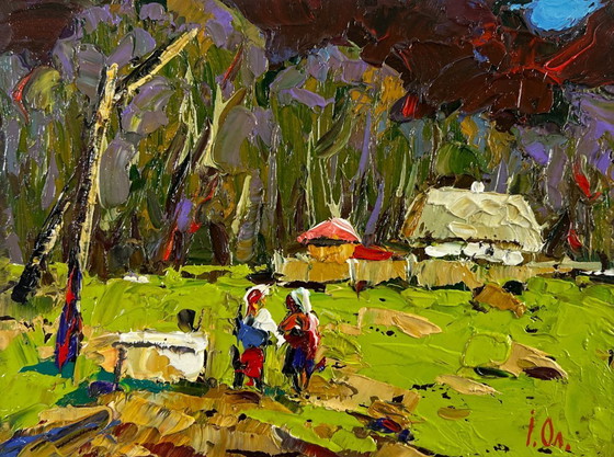 Image 1 of Original Oil Painting Evening Village Landscape Neighbors in the summer garden