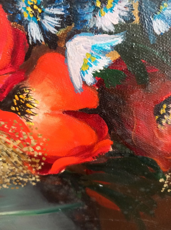 Image 1 of 🌸 Superb Oil on Canvas "Bouquet of Poppies" - Signed EMY & Dated 1980