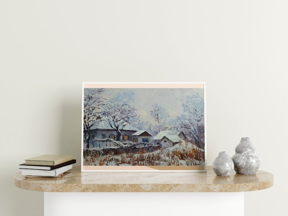 Origineel Olieverfschilderij Landelijk Landschap Dorpshuis Winteravond – Schilderijen & Tekeningen, Canvas (photo 3 of 8)