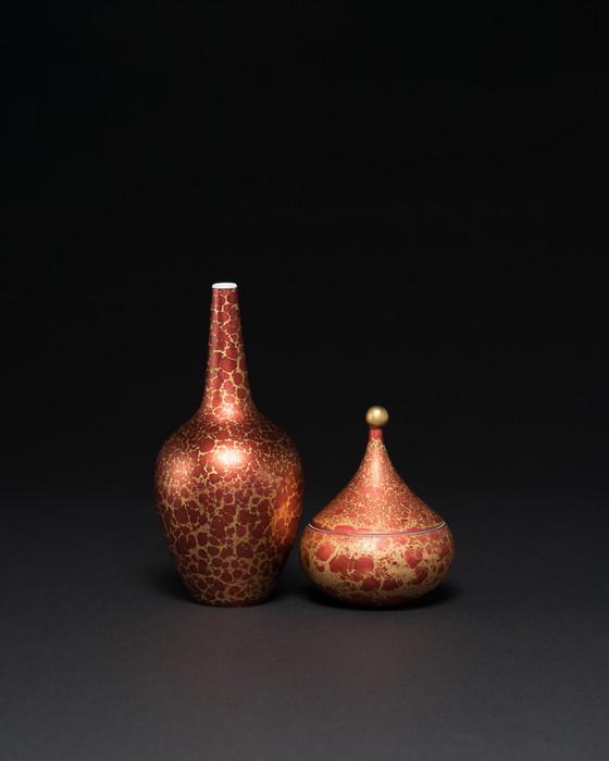 Image 1 of Vase Duo en porcelaine peinte à la main, rouge Goldfeuer, Hans Wohlrab Rosenthal H. Drexler