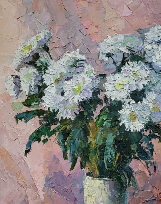 Original Oil Painting Still Life Bouquet of Flowers Chrysanthemum on Pink – Paintings & Drawings, Canvas (photo 4 of 7)