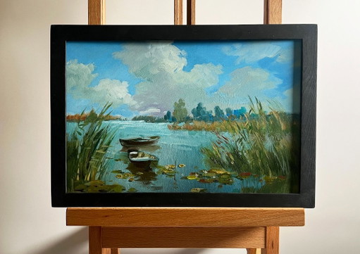 Dipinto ad olio originale Paesaggio estivo con fiume Tempo estivo nuvoloso