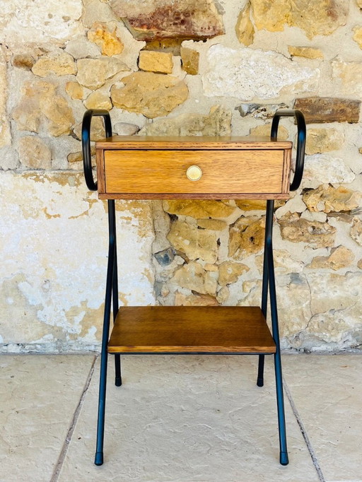 Mid-century, vintage oak nightstand on black metal legs circa 1950s