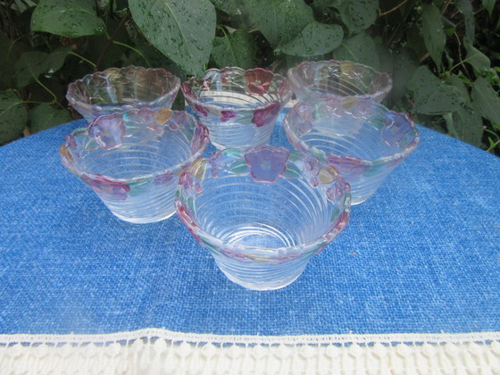 Image 1 of Ensemble de 6 petits bols japonais peints à la main, style soga, motif floral Mid-Century Modern.