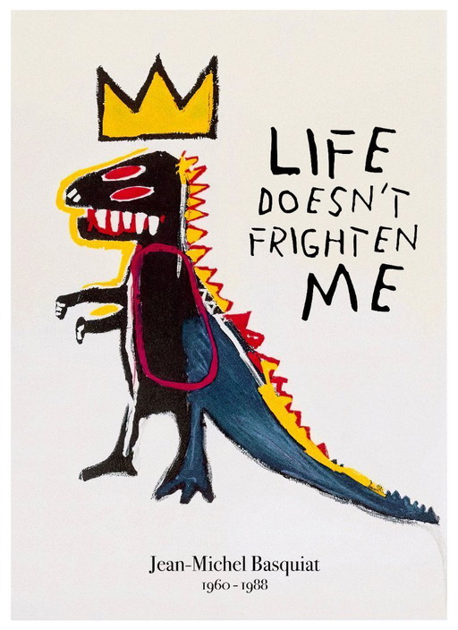 Kleiner, rotäugiger Dinosaurier, der seine Zähne zeigt – Jean-Michel Basquiat Poster 50 x 70 cm