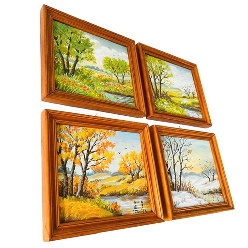 Set of Small Oil Paintings Four Seasons Wooden Frame 1960s – schilderijen tekeningen (photo 2 of 7)
