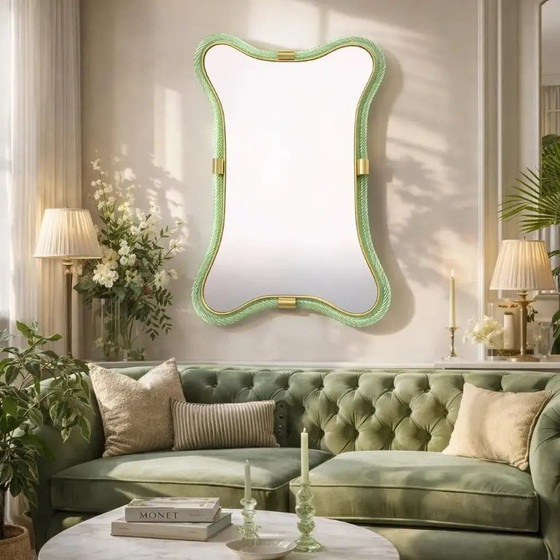 Image 1 of Contemporary Italian Murano Glass Mirror in Weathered Green by Simoeng