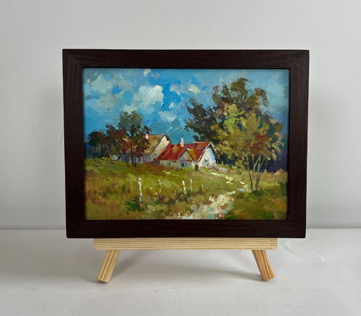Origineel olieverfschilderij: Zomerdorplandschap met huizen in het bos.