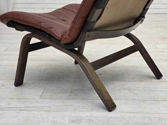 Image 1 of Anni '70, poltrona danese di Farstrup, mobili in pelle, tela, legno curvato.