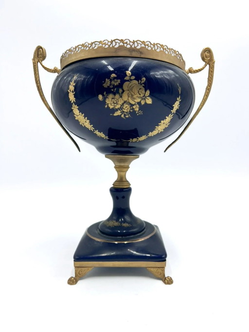 Vase en céramique bleu et bronze français des années 1940