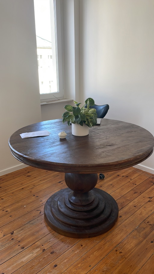 Brutalist solid wood dining table, round