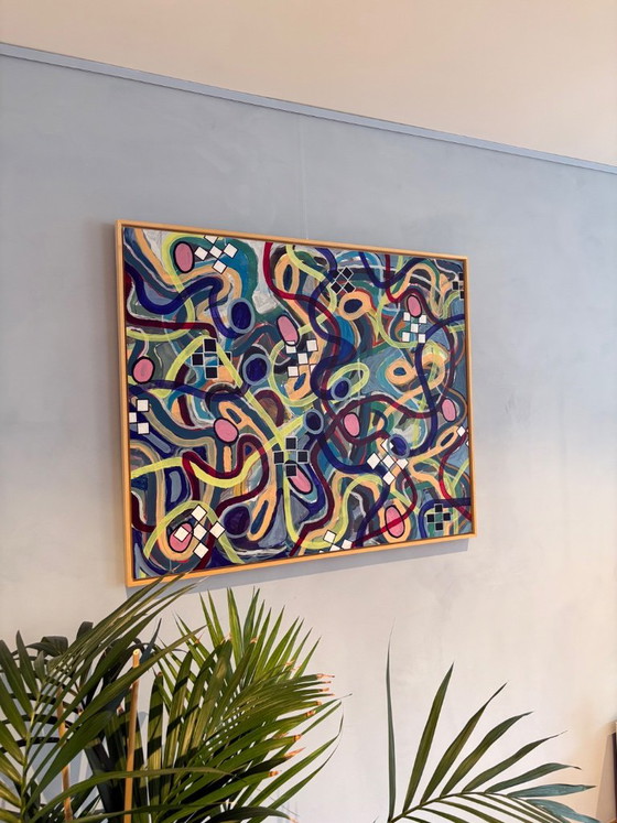 Pittura astratta con linee e forme colorate, Dipinti e disegni, Tela, Legno, Multicolore, Abstract (foto 3 di 7)