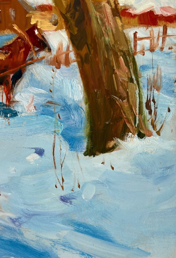Image 1 of Original Oil Painting Winter Village Landscape Loading hay in winter